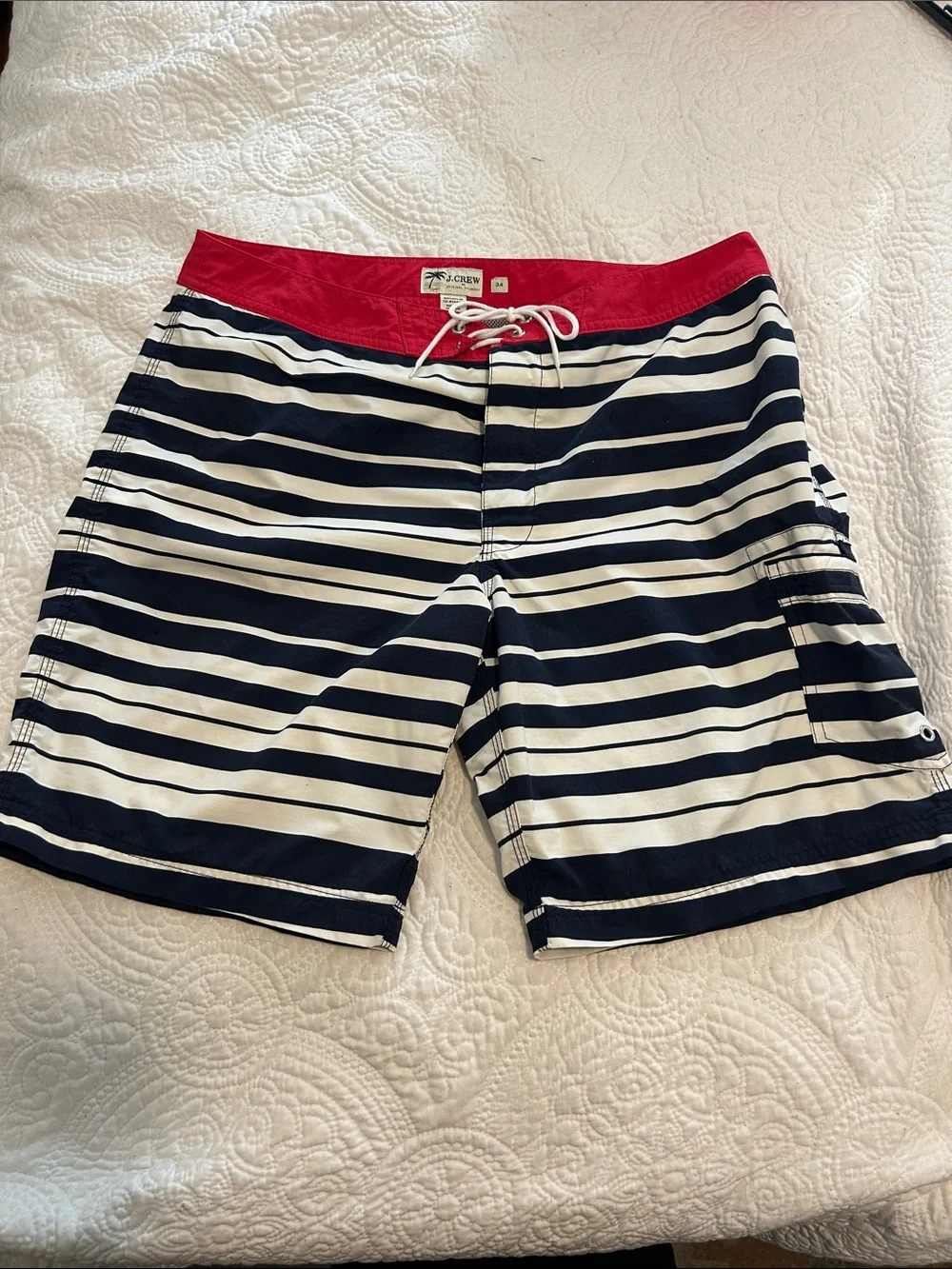 J. Crew Navy and White Striped Swim Trunks with Red Waistband Size 34